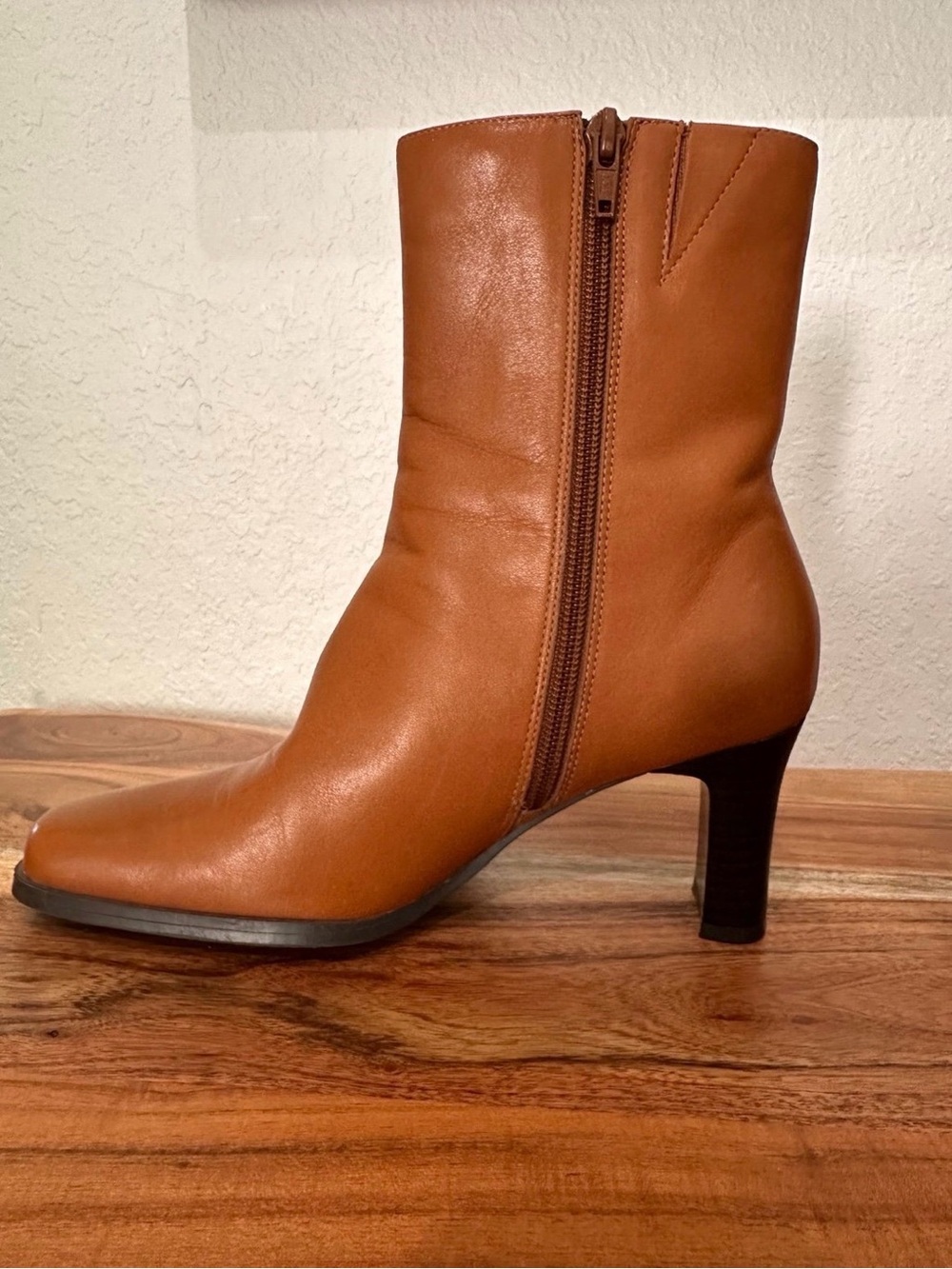 Madeline Tan Leather Mid-Calf Zip Heel Boot